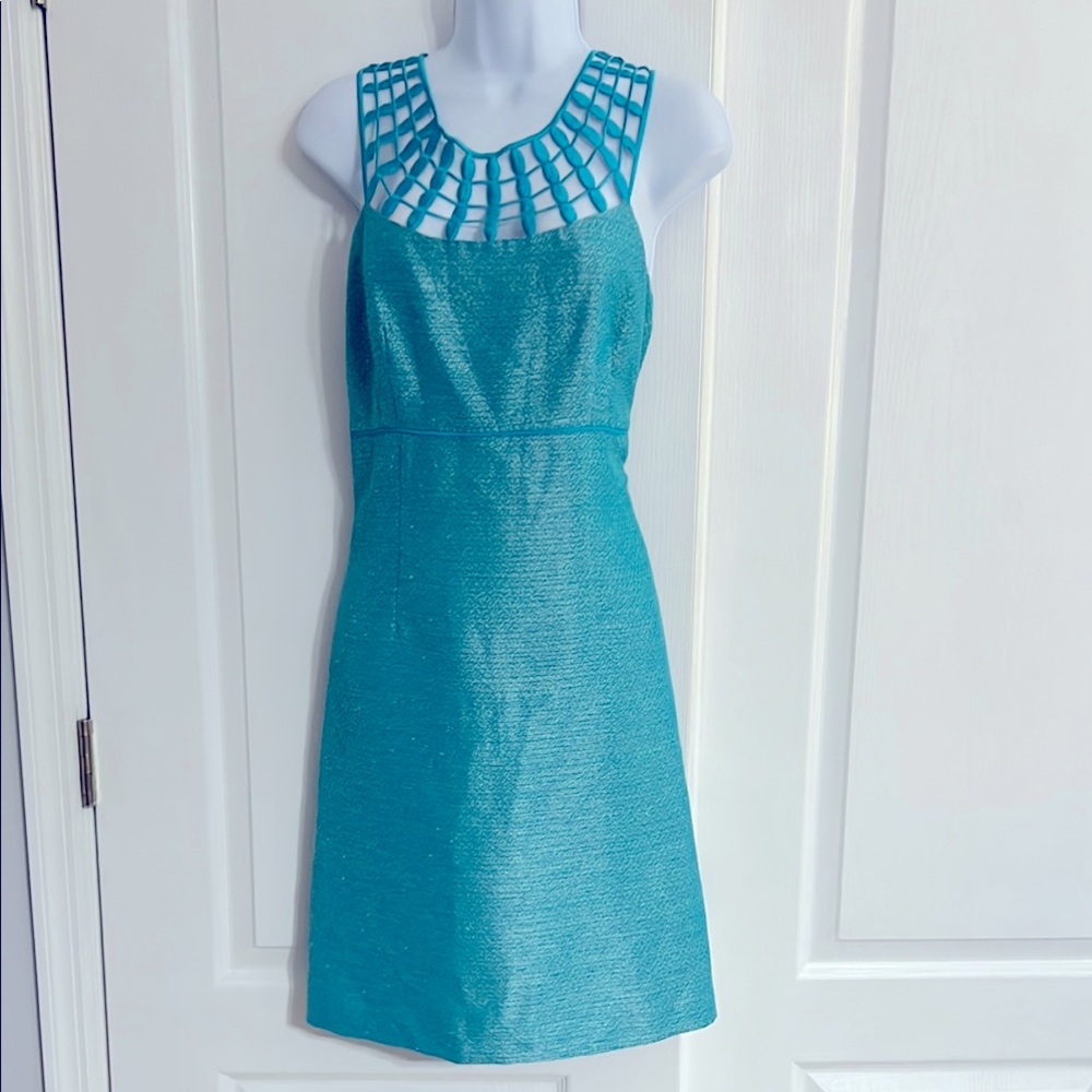 ANTONIO MELANI Blue Embellished Halter Sheath Dress